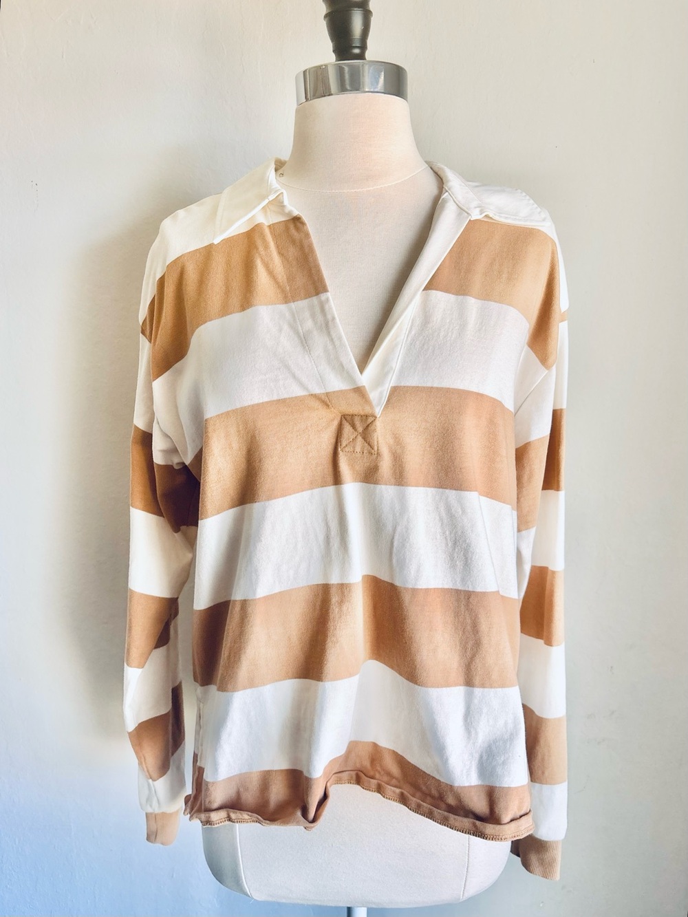 Good American Cream & Tan Relaxed Fit Rugby Striped Cotton Top, Sz 00/0